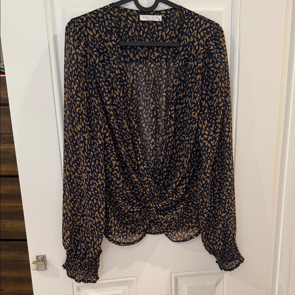 Navy Blue and Tan Women's Sheer Top